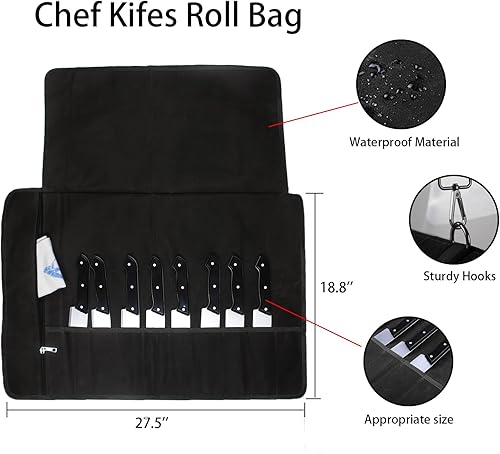 Miniatura 2 de Bolsa enrollable para cuchillos de chef, bolsa de lona encerada, portátil de 10 ranuras para cuchillos de chef con 1 bolsillo con cremallera, bolsas