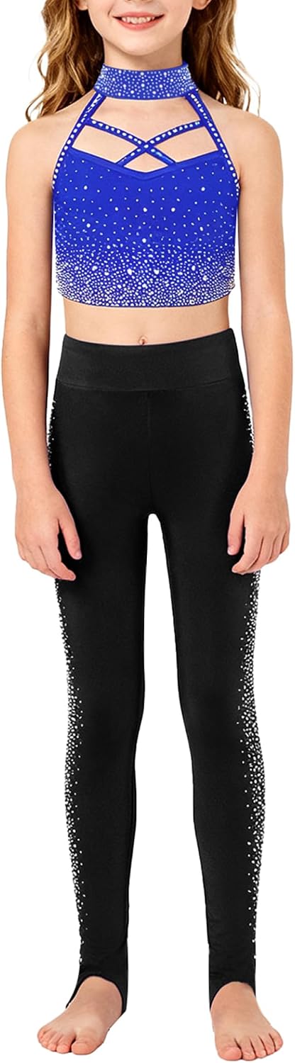 Jugaoge Kids Girls Figure Skating Rhinestones Outfit Sparkle Gymnastics Dance Crop Tops with Pants Set