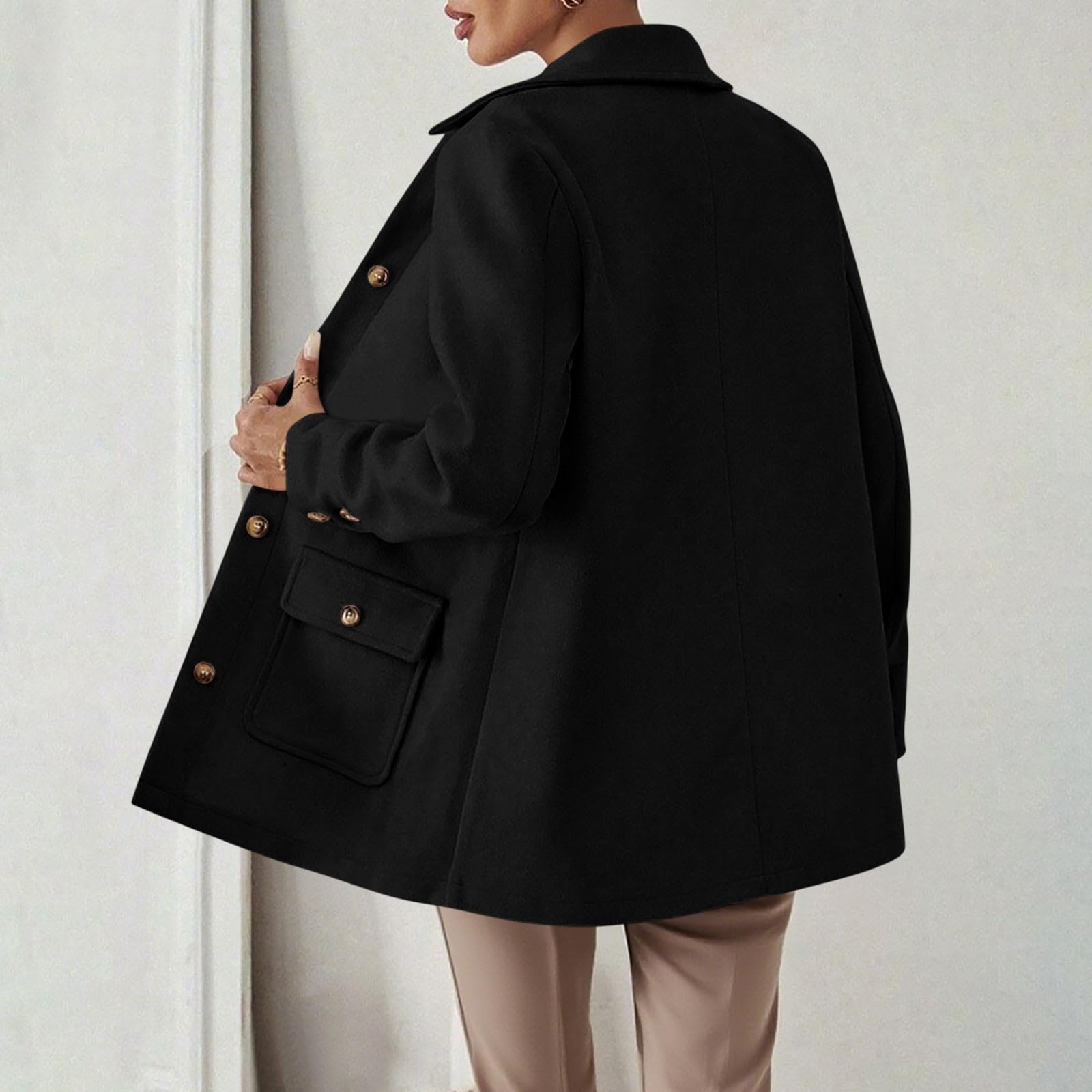 HAOLEI Chaqueta Mujer Invierno de Lana Cuello Solapa Chaquetas de Manga Larga con Botonadura Sencilla Elegantes Tench Coat con Cuello de Solapa Cálido Abrigos Paño Corto con Bolsillos Moda Gabardina