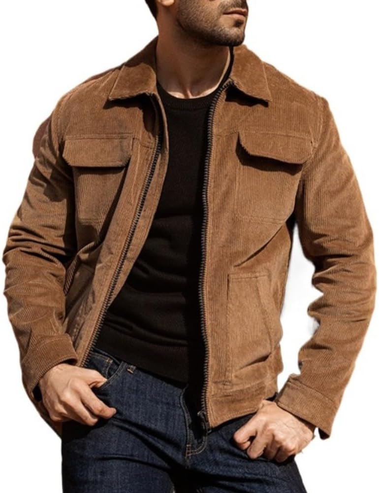 TOMITANY Men's Corduroy Trucker Jacket Full Zip Cotton Lightweight Flight Bomber Jackets Vintage Outerwear Coat