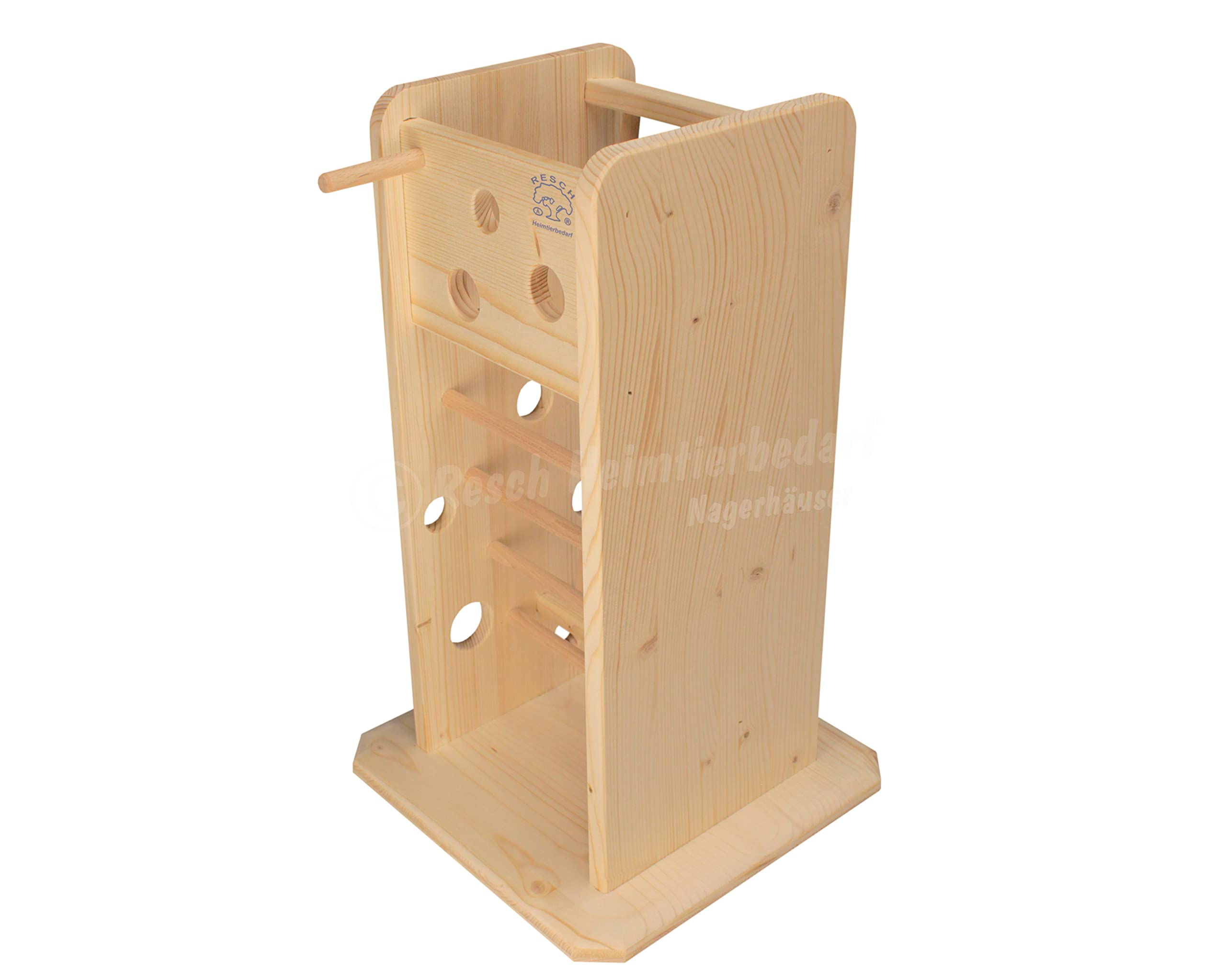 Resch Nr43 Futterturm, naturbelassenes Massivholz aus Fichte/Lochwände und Rundstäbe zum stecken oder hängen der Snacks/mit Großer Heuraufe von Zwei Seiten zugänglich /24,5 x 40 x 24,5cm (LxHxB)