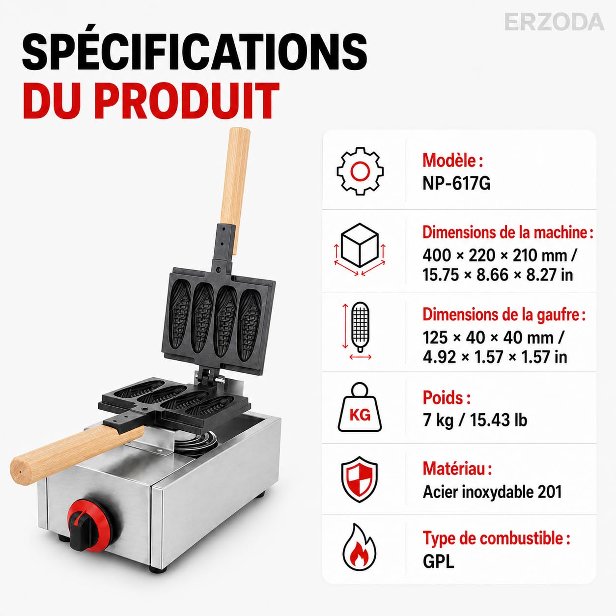 ERZODA Machine à Gaufres au Gaz GPL, Gaufrier Commercial Forme Épi de Maïs, 4 Moules, Acier Inoxydable, pour Snack Food Truck et Stand de Marché