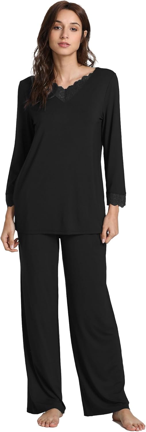 GYS Women's Pajama Sets Viscose from Bamboo Lace Trim Long Sleeve Sleepwear Soft Pjs Lounge Sets with Pockets