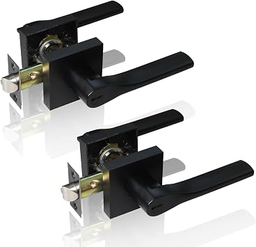 2 Pack Matte Black Door Knob, Interior Privacy Keyless Entry Door Lock, Square Style Reverisble Door Handles, Heavy Duty Door Levers for Bedroom Bathroom Doors
