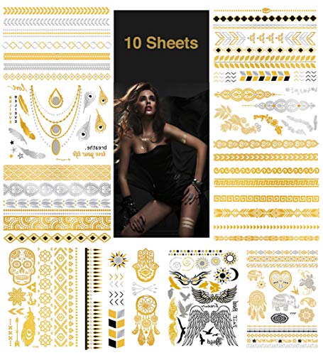 Metallic Temporary Tattoos, Waterproof Non-Toxic 175+ Designs, 10 Large Sheets Fake Tattoo Stickers in Gold & Silver, Gold103