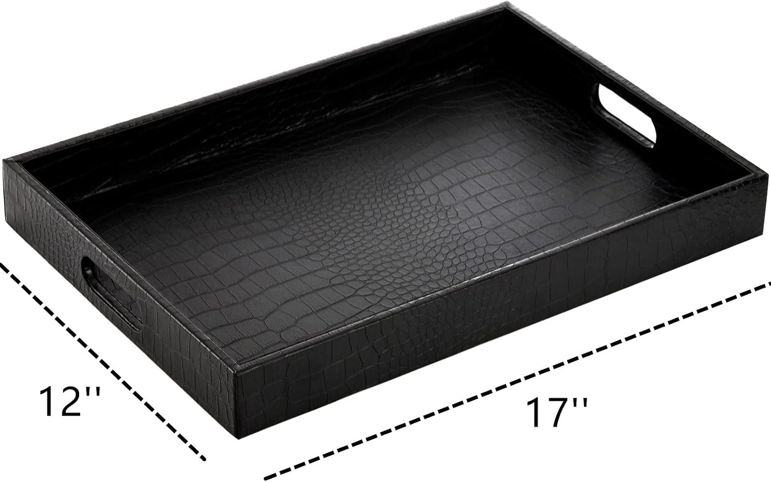 Lyellfe Black Serving Tray with Handles, Decorative Ottoman Tray in Alligator Faux Leather, 17x12 Inch Rectangular for Coffee Table, Living Room, Bed or Dressing Table - Image 2