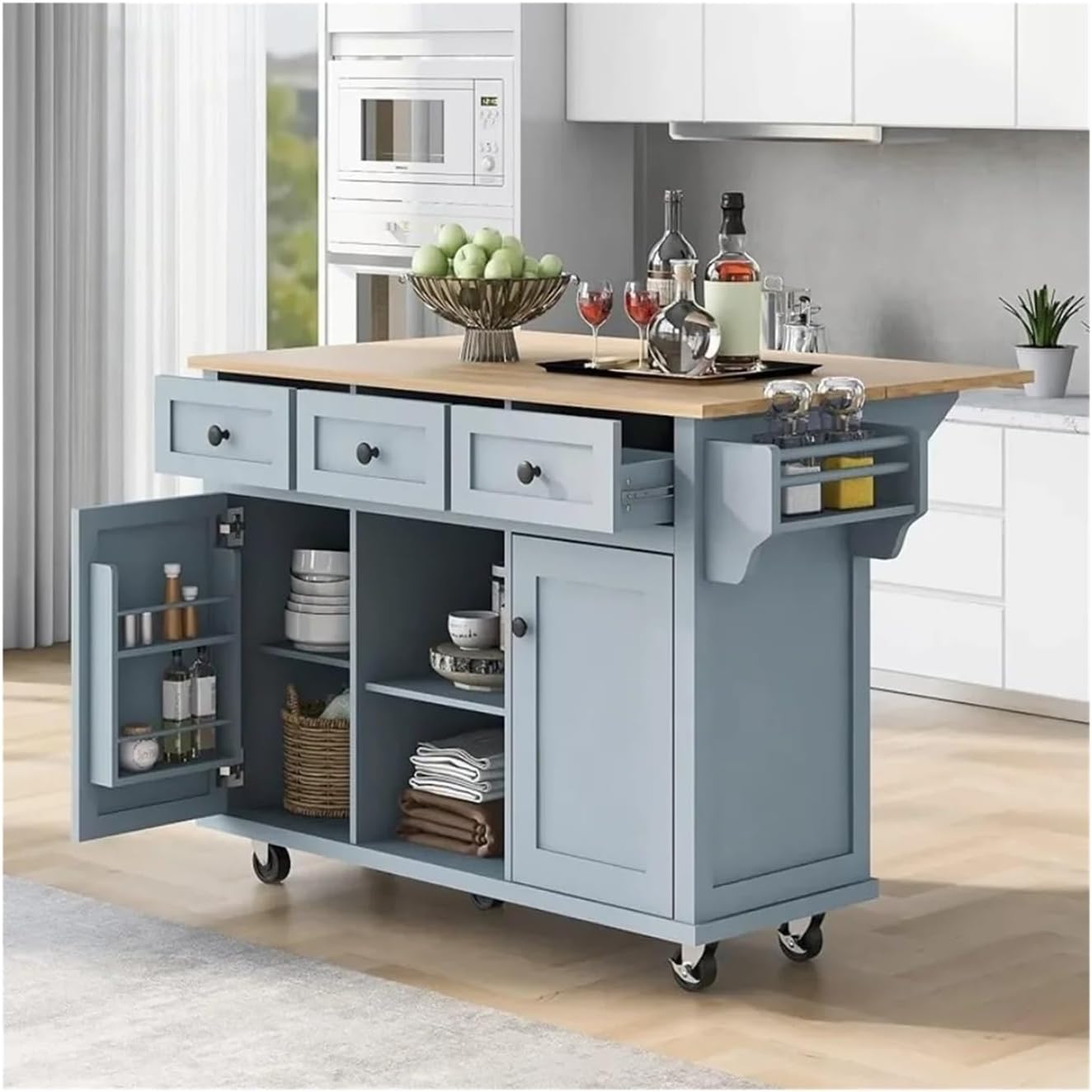 Storage Trolley Kitchen Carts on Wheels with Rubber Wood Drop-Leaf Countertop Trolley Mobile Islands with Storage BlueFreight Free Home Shelving Organizer