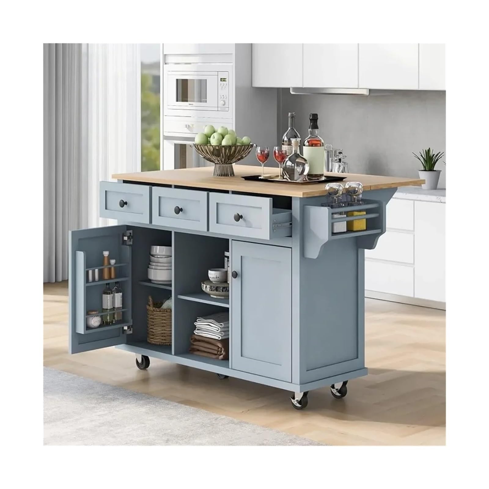 Carrello rotabile Carrelli da cucina su ruote con ripiano in legno di gomma Carrello appoggio Isole mobili contenitore BlueFreight Free Home