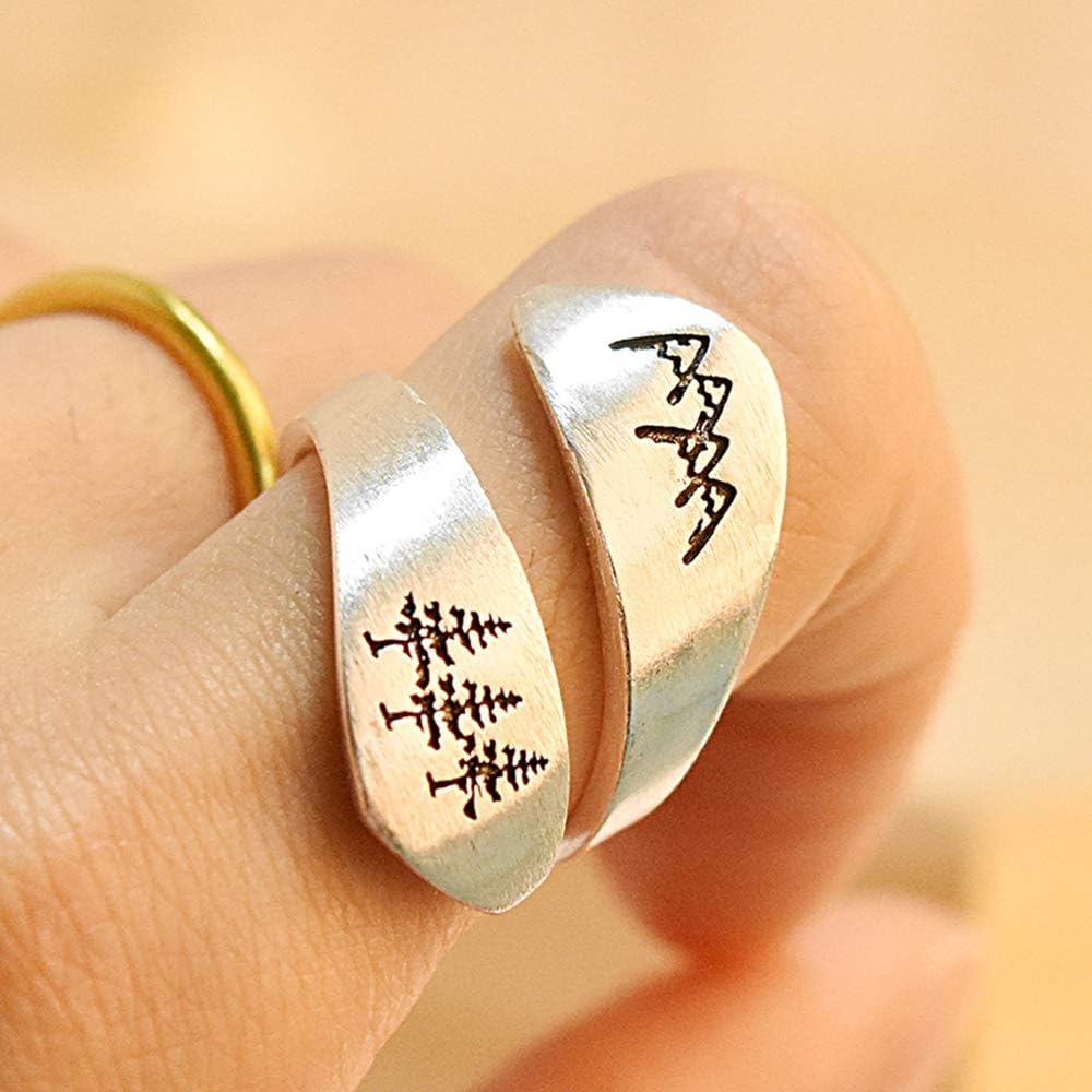 Mountain and Trees Cute Wrap Rings for Women Finger Band Statement Vintage Silver Plated Middle Tail Ring Wide Hypoallergenic Expandable Adjustable Cute Engagement Promise Dainty Mother Gifts Birthday