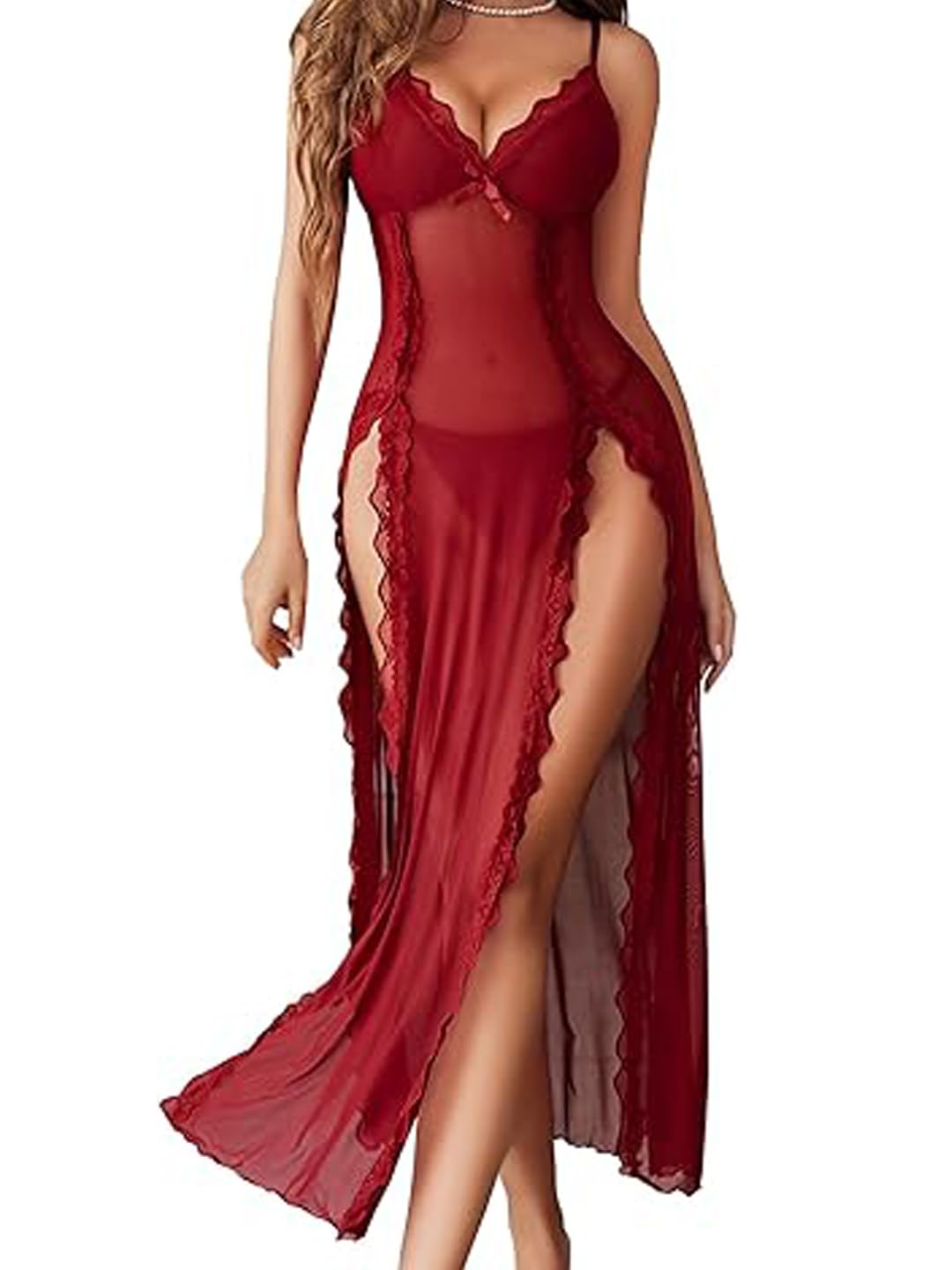 Sheer Lace Lingerie Gown, Long Split Front Women Lingerie Lace Babydoll Chemise Mesh Nightdress V Neck Nightwear Side Split Nightgown-image-26