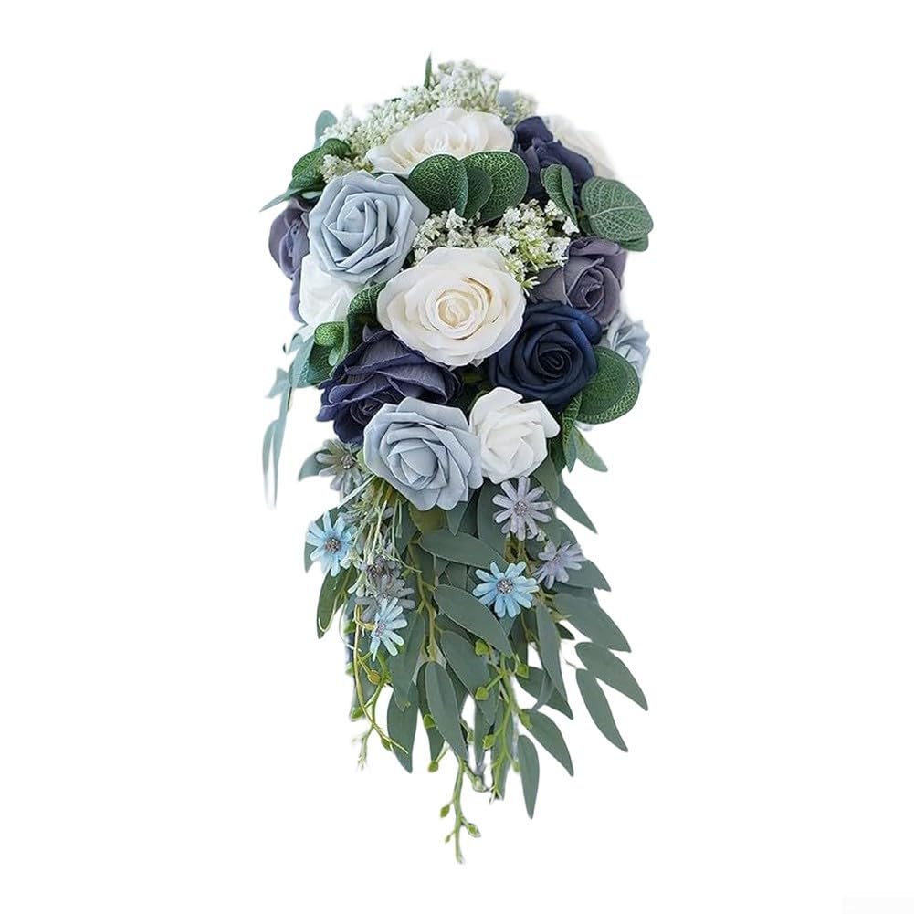 Per bouquet da sposa in seta di alta qualità, elegante stile cascata, fiori artificiali per matrimonio, romantico, decorazione da giardino europeo, rosa (blu)