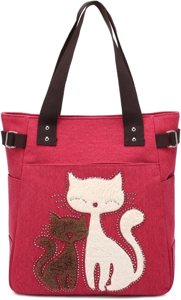 KAUKKO Women Canvas Handbag Shoulder Bag Cat Big Tote Bag(093-RED)