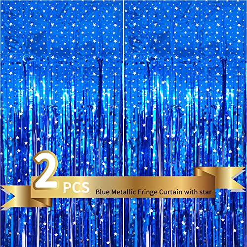 Image of TONIFUL 2Pcs Blue Metallic Tinsel Foil Fringe Curtains with Star,Blue Photo Booth Backdrop Streamer Curtain Photo Booth Props for Bachelorette Party,Birthday,Halloween,Christmas Decor(6.6ft x 6.6ft)