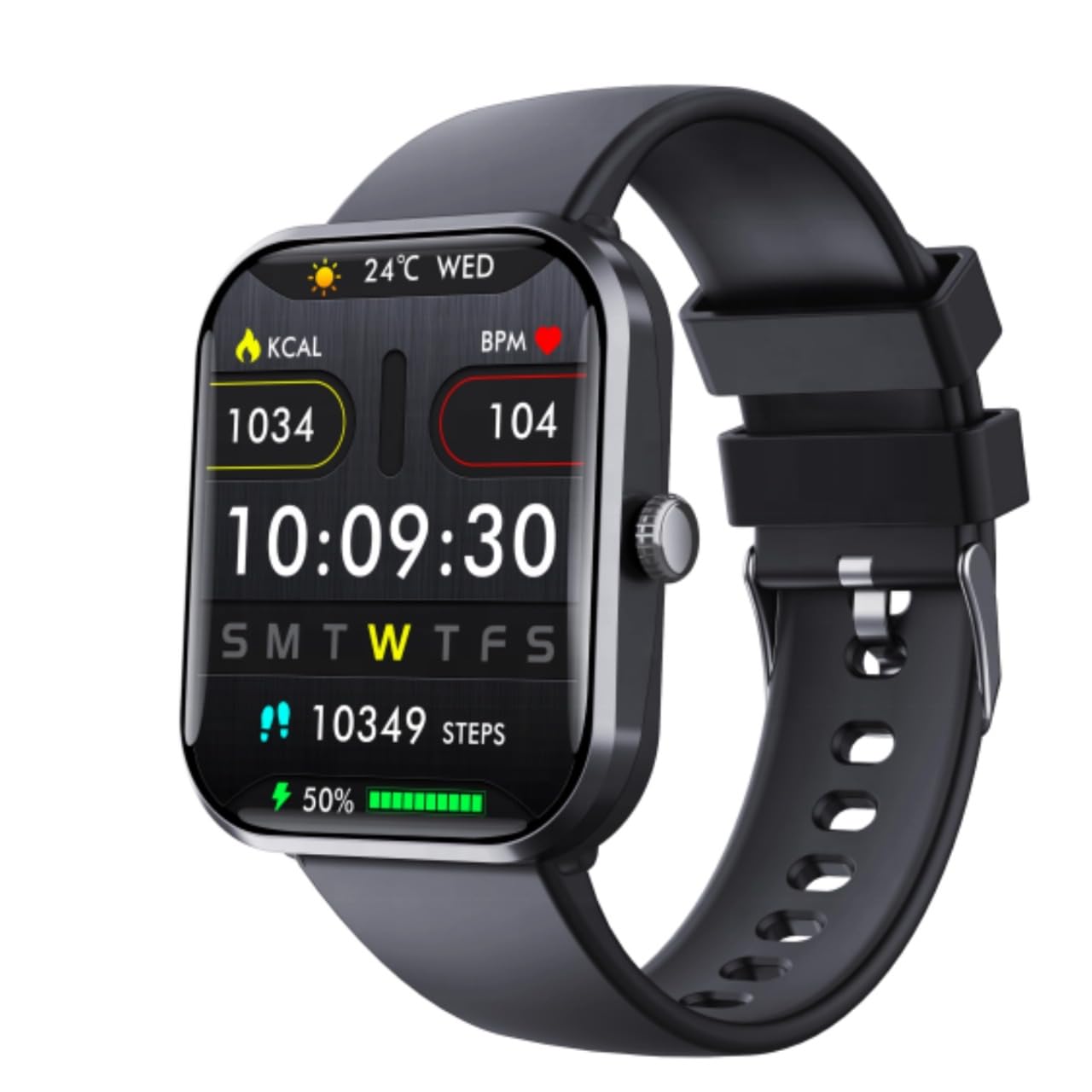 F96 Smart Watch main display showing time, date, steps, calories, heart rate, and battery level.