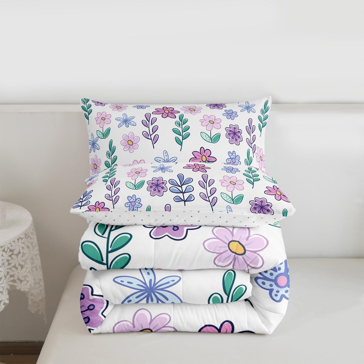 Feelyou Floral Comforter Set Twin Size Plant Bedding Set for Kids Boys Girls Farmhouse Garden Duvet Quilt Cute Bedroom Decor Blue Pink Purple Microfiber 2 Pcs with 1 Pillow Cases
