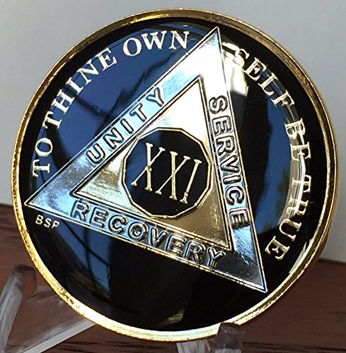 21 Year Classic Black AA Alcoholics Anonymous Medallion Sobriety Chip Tri Plate Gold & Nickel Plated Serenity Prayer