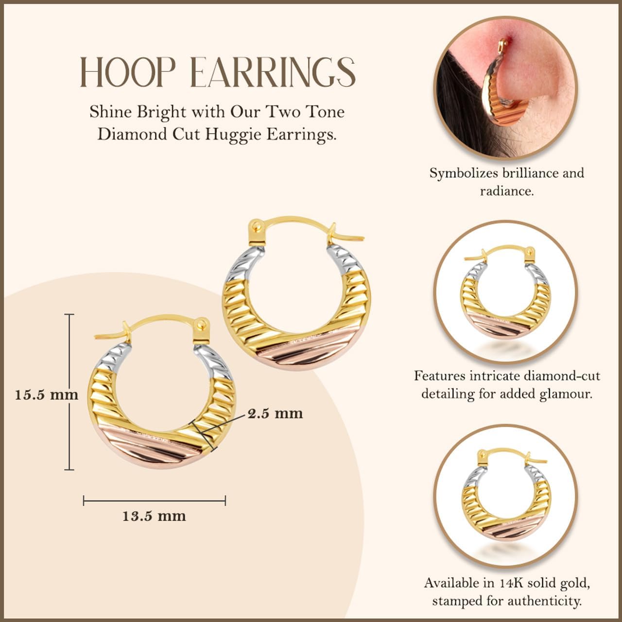 14K Tri-Color Gold Ribbed Diamond Cut Huggie Earrings
