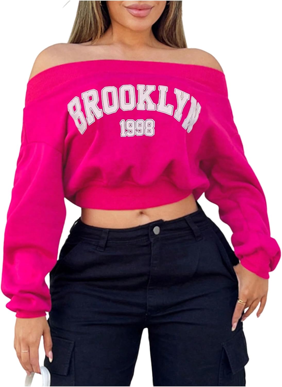 Floerns Women's Y2k Long Sleeve Sweatshirts Letter Graphic Off Shoulder Oversized Crop Tops