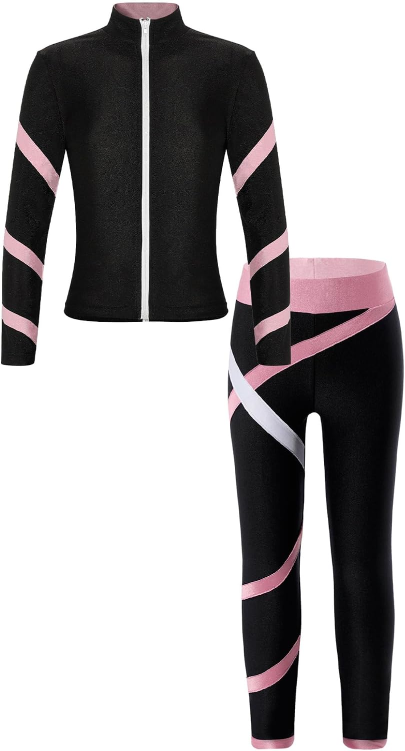 Kids Girls Long Sleeve Figure Skating Jacket with Pants Set 2 Piece Tracksuit Ice Skating Gym Running Sports Suit