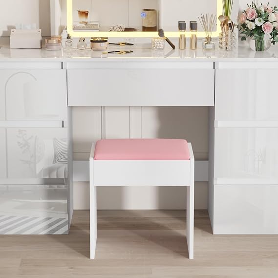 BSTSEL White/Pink Dressing Table Stool Comfortable Vanity Stool Simple Padded Chair for Makeup Desk Easy-To-Install Bedroom Chair Suitable for Living Romm Bench (Pink)