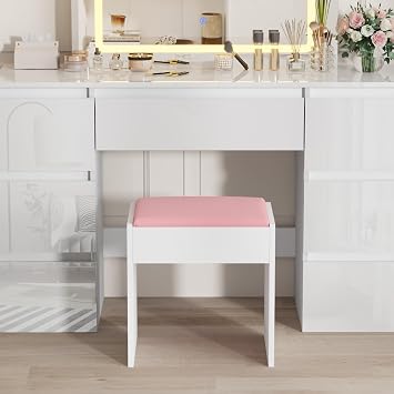 BSTSEL White/Pink Dressing Table Stool Comfortable Vanity Stool Simple Padded Chair for Makeup Desk Easy-To-Install Bedroom Chair Suitable for Living Romm Bench (Pink)