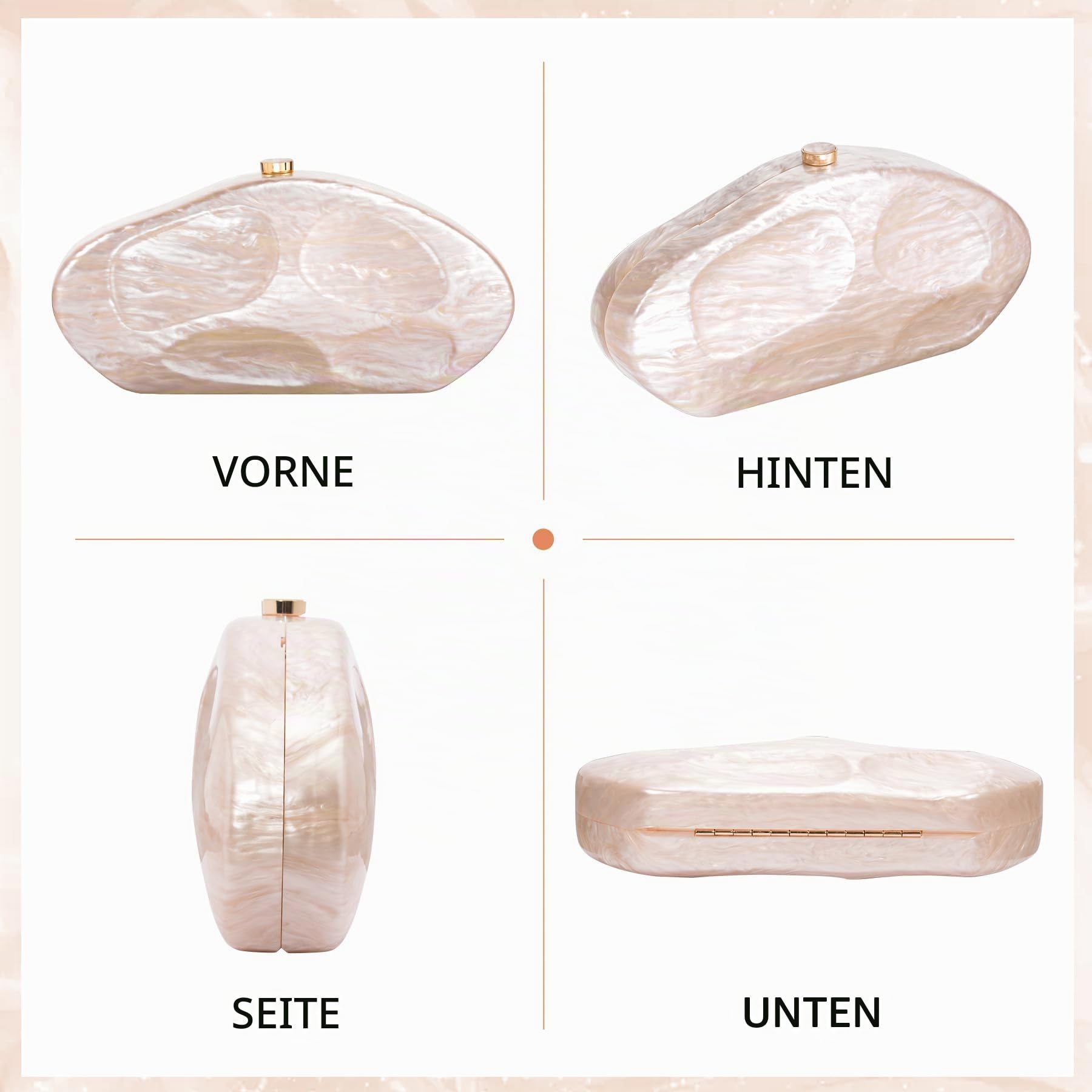 Larcenciel Acryl Handtasche Damen, Unregelmäßige Muschelform Champagner Clutch mit Abnehmbarer Kette, Elegante Abendtasche Kleine Umhängetasche für Hochzeiten, Partys, Abschlussbälle, 26.5 x 5 x 13 cm