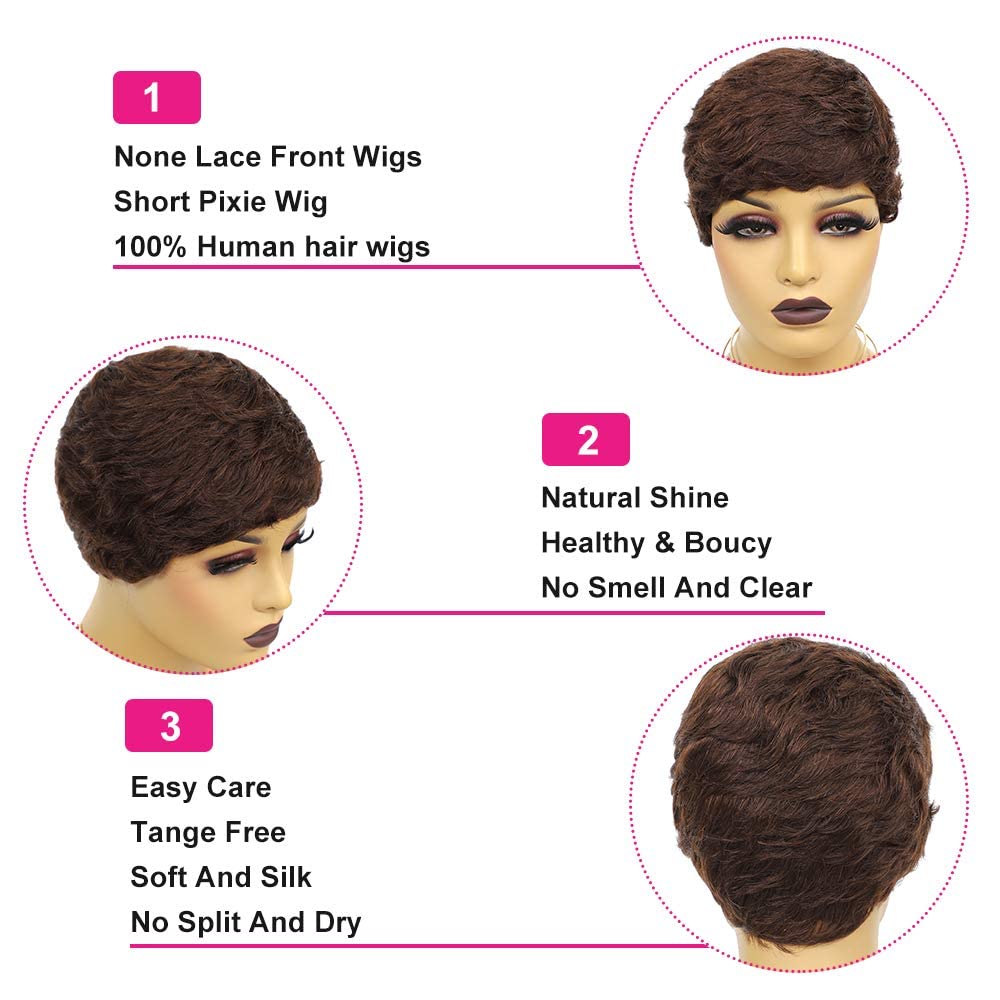 Parrucca Corta Pixie Parrucca Donna Naturale Parrucca Corta Capelli Umani Breve Capelli Umani Parrucca Dritta Brasiliana Pannolino Capelli con Frangia Parrucche Marrone scuro (4#)