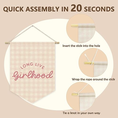 Miniatura 5 de Decoración de guardería para niñas, pancarta de lona de lino para niña, pancarta de lona de lino a cuadros rosa preppy para colgar en la pared para