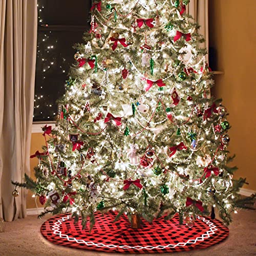 Plaid Christmas Tree Skirt - Large Xmas Red Black Buffalo Plaid Christmas Tree Skirt White Lace 48 Cotton Christmas Tree Skirt Pattern #TOP3