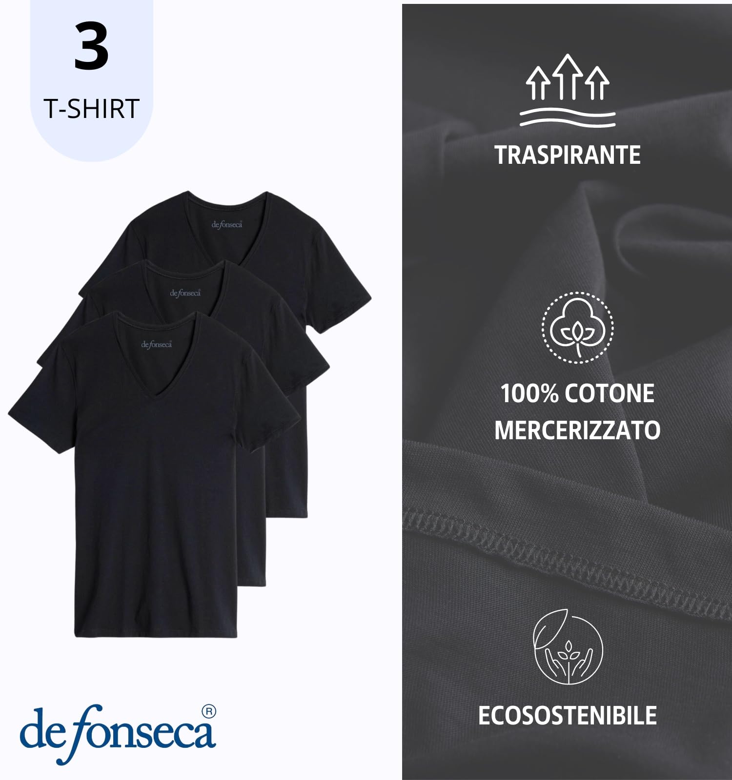 Intimitaly deFonseca - Set 3 Magliette Intime Uomo Cotone Pettinato Girocollo e Scollo V T Shirt Finissima Cuciture Piatte Intimo Maglietta Uomo Nera Bianca e Colorata