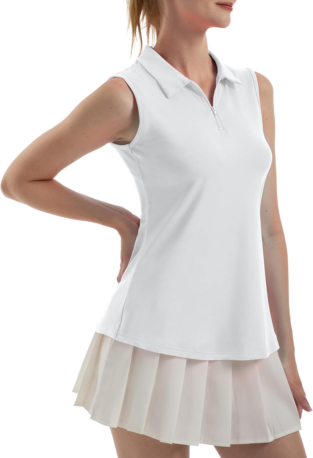 FKEEP Women's Sleeveless Polo Golf Tennis Shirt Tank Tops T-Shirts V-Neck with Collar Quick Dry Workout Athletic Large 02 White