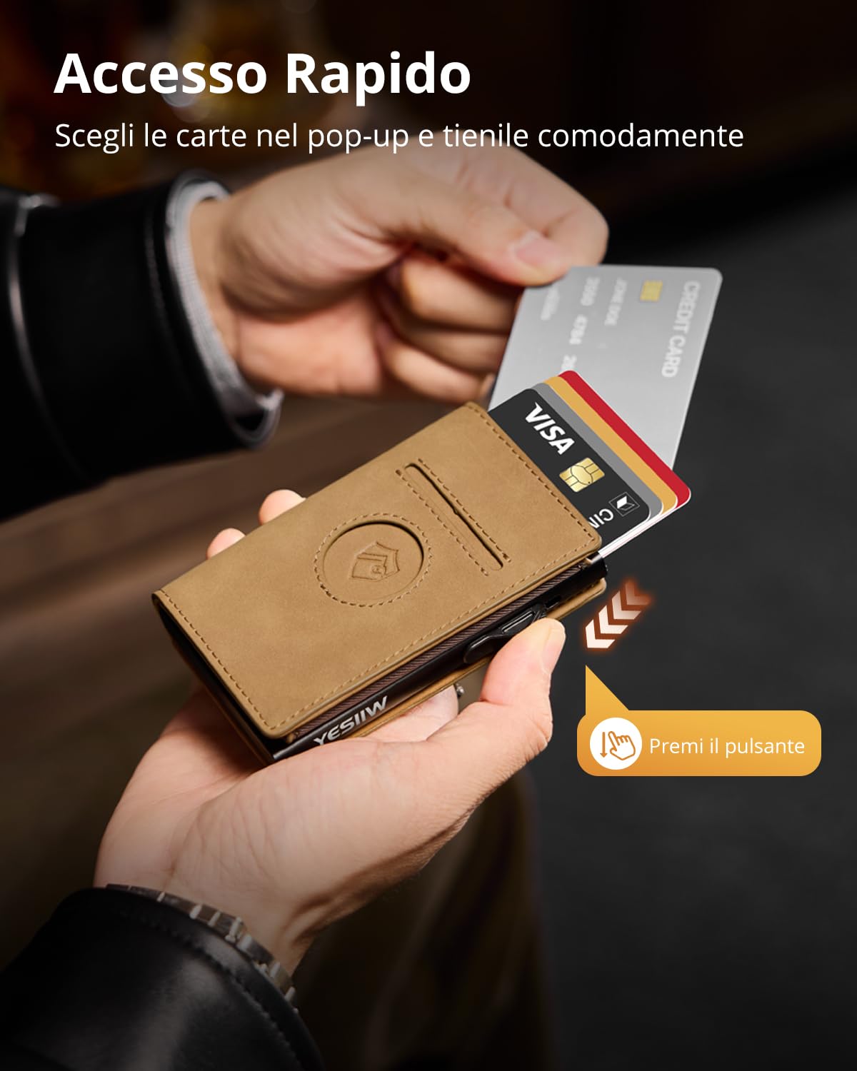 YESIIW Airtag Portafoglio Uomo per Apple Air Tag, Portafoglio Airtag con Blocco RFID Portacarte Uomo con Airtag, Finestra ID & Monete, Pop-up Porta Carte per 10 Cartes (Marrone Chiaro