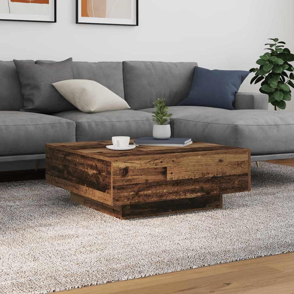 SXZenSpace LED Coffee Table 80x80 cm Old Wood & Blue Engineered Modern Low Square Living Room Side Tea for Bedroom Lounge