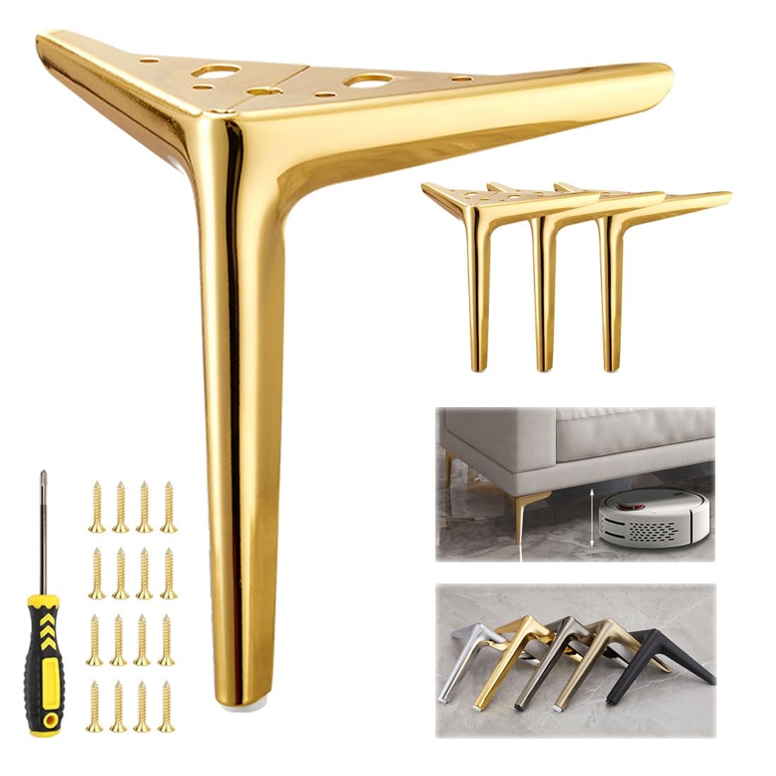 4Pcs Stainless Steel Legs for Furniture Metal Furniture Feet, Modern Style Replacement Sofa Legs Black Gold Silver with Non Slip Rubber Pads 4" 5" 6" 7" 8" 10"(Gold,H 6''/15cm) — image 1