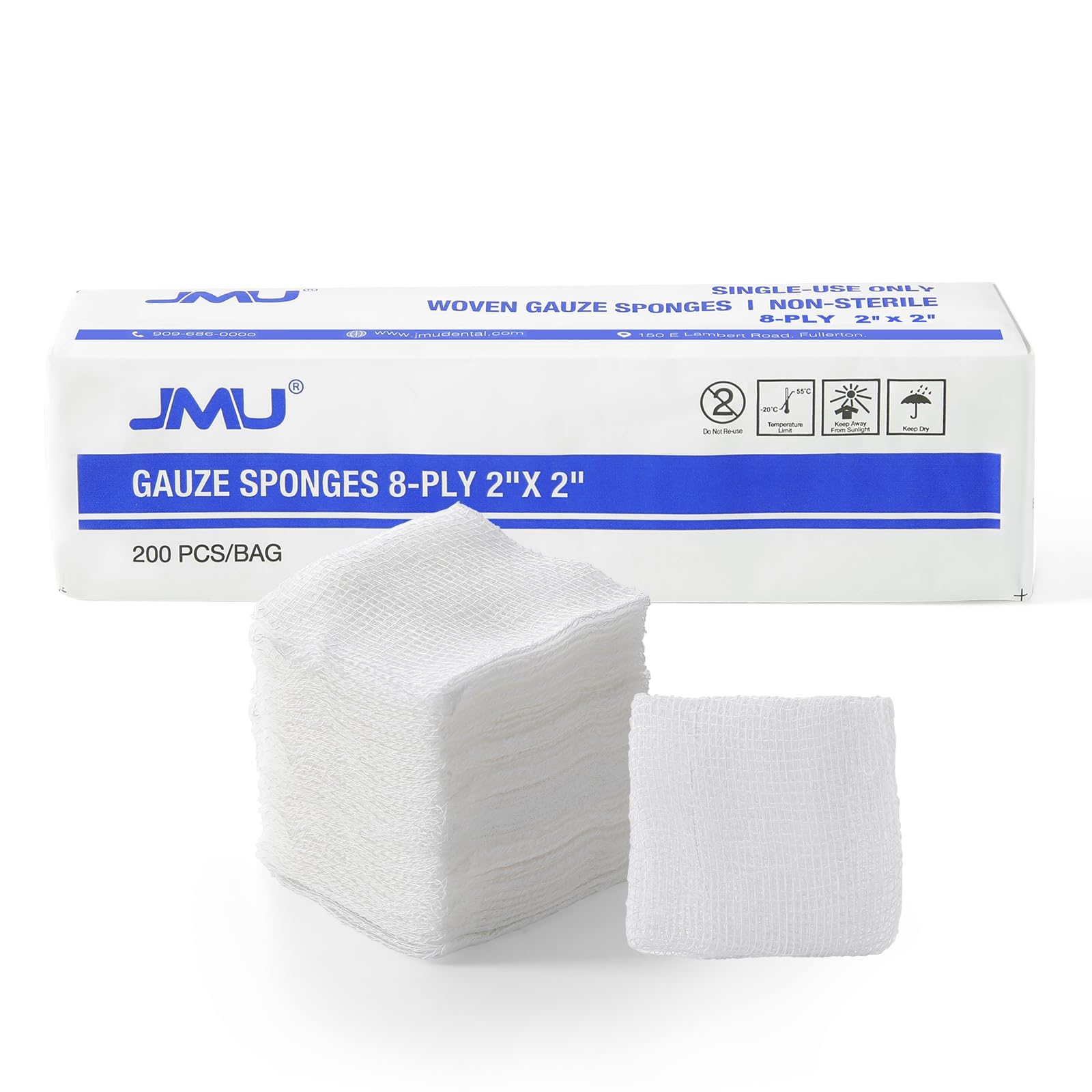 JMU 200 Woven Gauze Sponges 2x2, 8-Ply Non-Sterile Guaze Pads