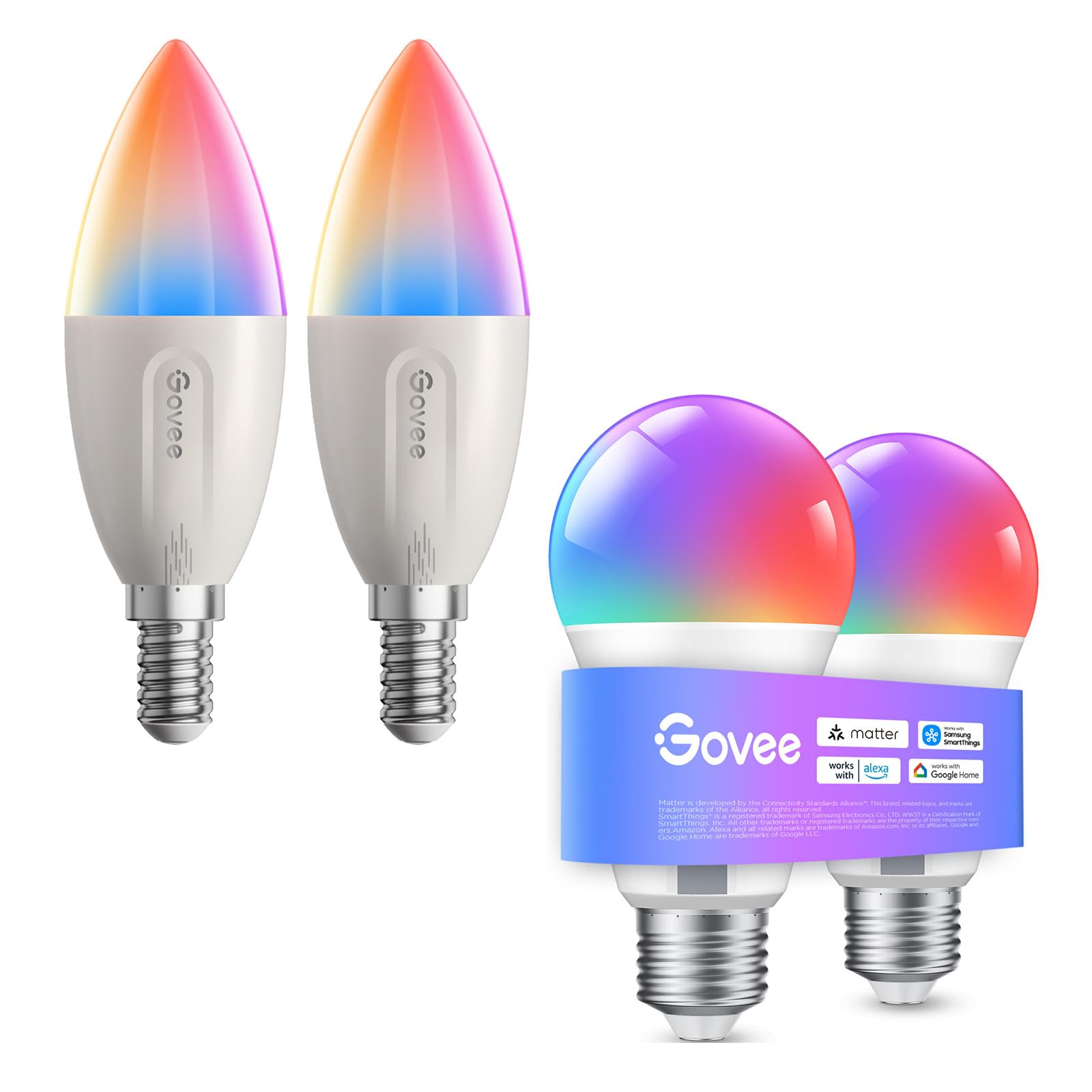 Govee E27 und E14 Smart LED Glühbirnen Combo mit Matter, Alexa und Google Assistant, RGBWW dimmbar