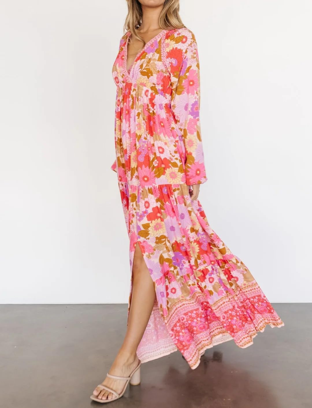 R.Vivimos Women's Boho Floral Print Maxi Dress V Neck Long Sleeve Elastic Waist Casual Flowy Slit Long Sundress - Image 4