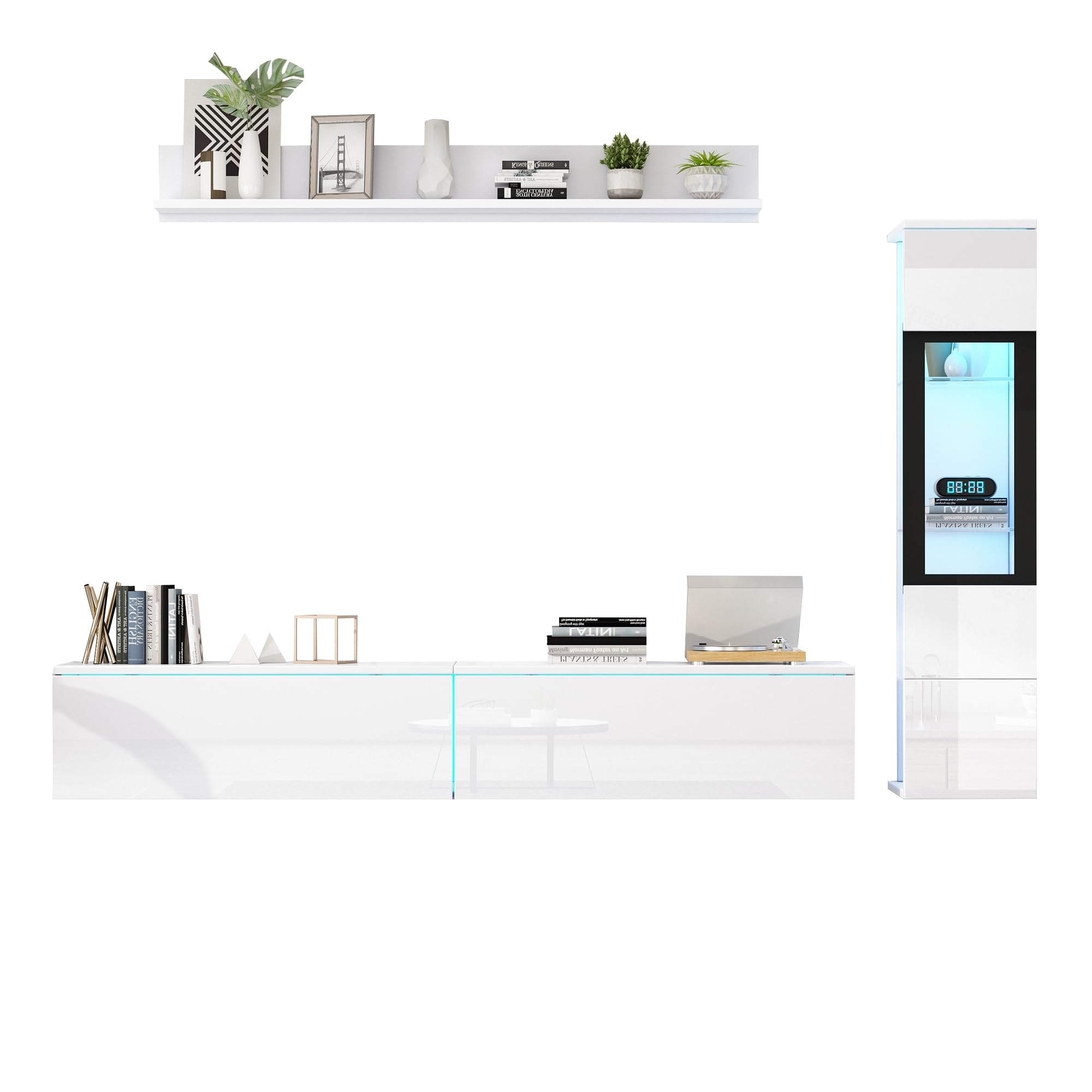 Set da parete per TV, 3 pezzi, illuminazione a LED, bianco lucido, set di mobili da soggiorno, parete frontale bianca, 1 armadio TV, 1 vetrina per soggiorno, 1 mensola sospesa (bianco)