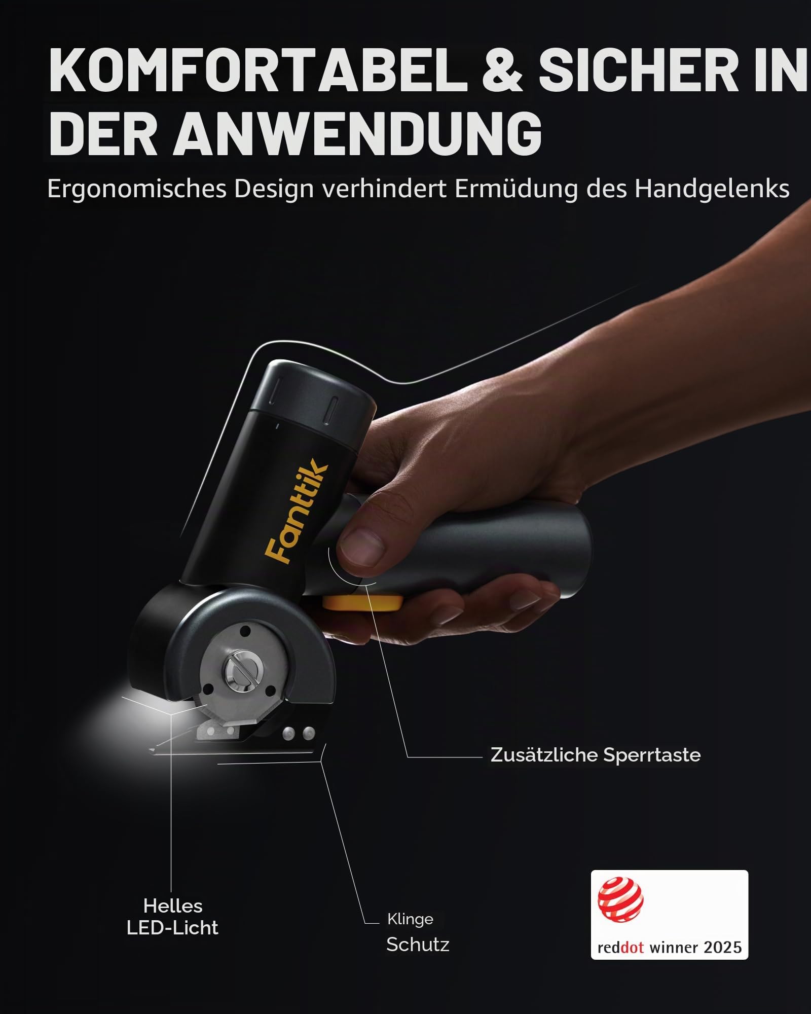 Fanttik C8 Nano Elektrische Schere, Kartonschneider Elektrisch mit Bildschirm, LED-Licht, 3 Geschwindigkeitsstufen, Typ-C-Aufladung, Geeignet für Stoffe, Teppiche, Leder, Kartons - Schwarz