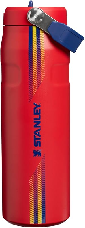 Botella IceFlow Flip Straw 2.0, 24 oz, Team Red Dark Blue | Asa de fácil transporte | Tapa giratoria y pajita abatible | Botella de agua ligera | Acero inoxidable aislado | Sin BPA