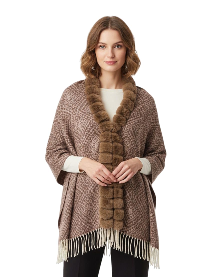 Women's Elegant Faux Fur Trim Poncho Cape Cozy Wrap for Layering and Style Versatile Knitted Shawl with Tassel
