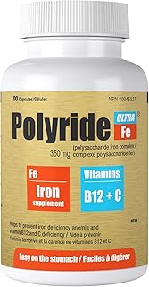 Polyride Fe Ultra Polysaccharide Iron Supplement Complex 350 Mg - Energy Support with Iron - treat iron deficiency anemia - 125 mg vitamin C and 1000 mcg Vitamin B12-100 Capsules