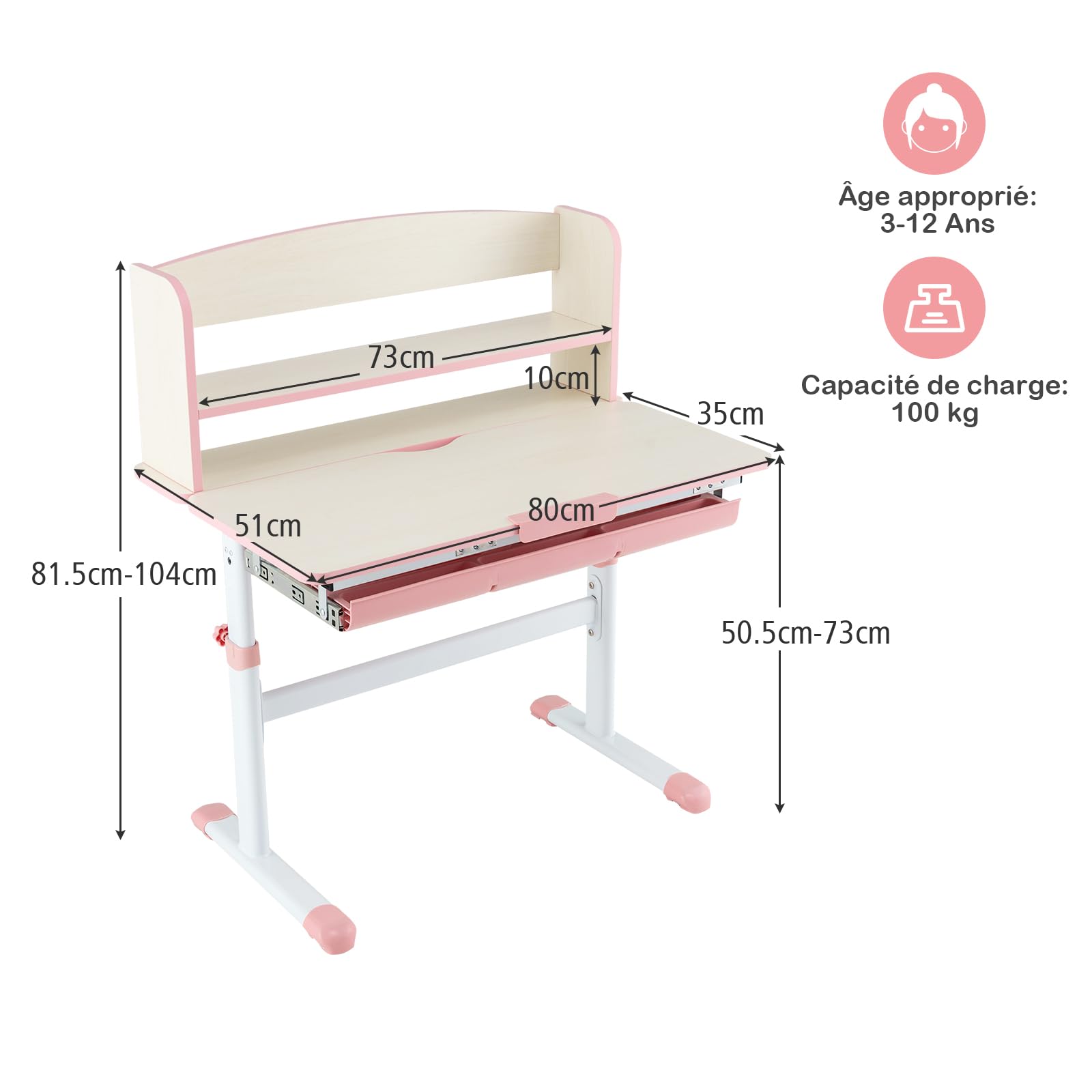 LIFEZEAL Scrivania per bambini in altezza regolabile e ripiano inclinabile, tavolo da studio con cassetto, scaffale di stoccaggio, carico 100 kg, per ragazza ragazzo 3-12 anni (rosa, 80 x 51 x 104 cm)
