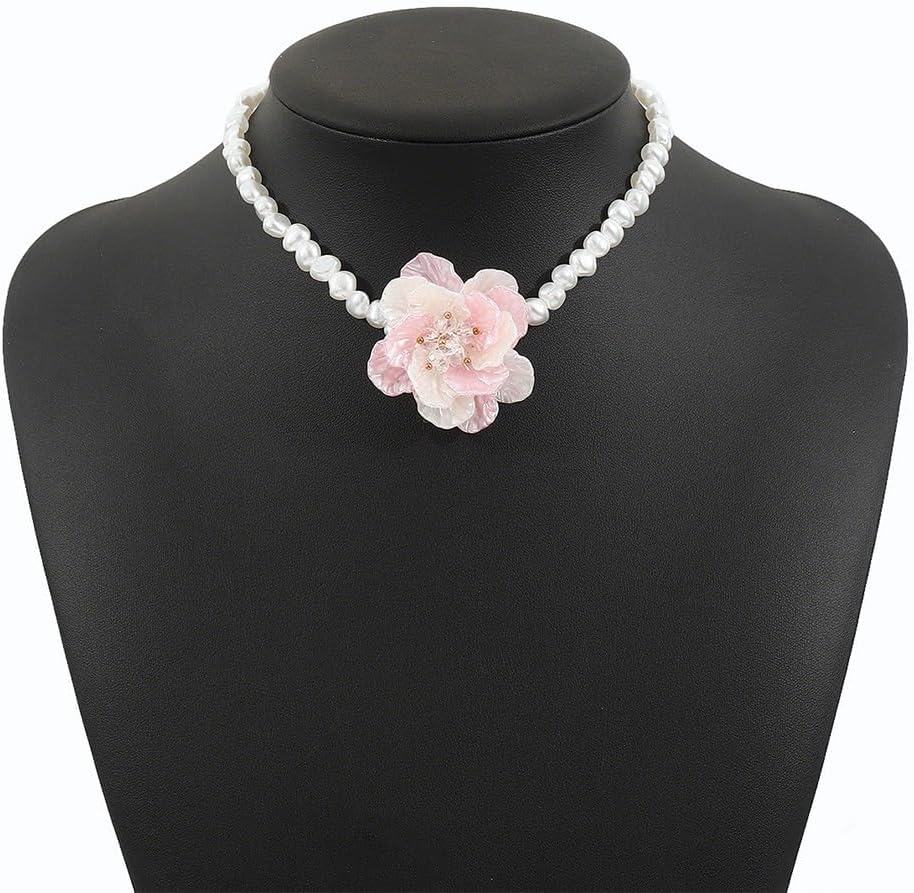 Delicate Large White Shell Pearl Flower Choker Necklace for Women, Trendy Colorful Floral Zircon Beaded Pearls Chain Necklaces Boho Party Prom Jewelry - Image 8