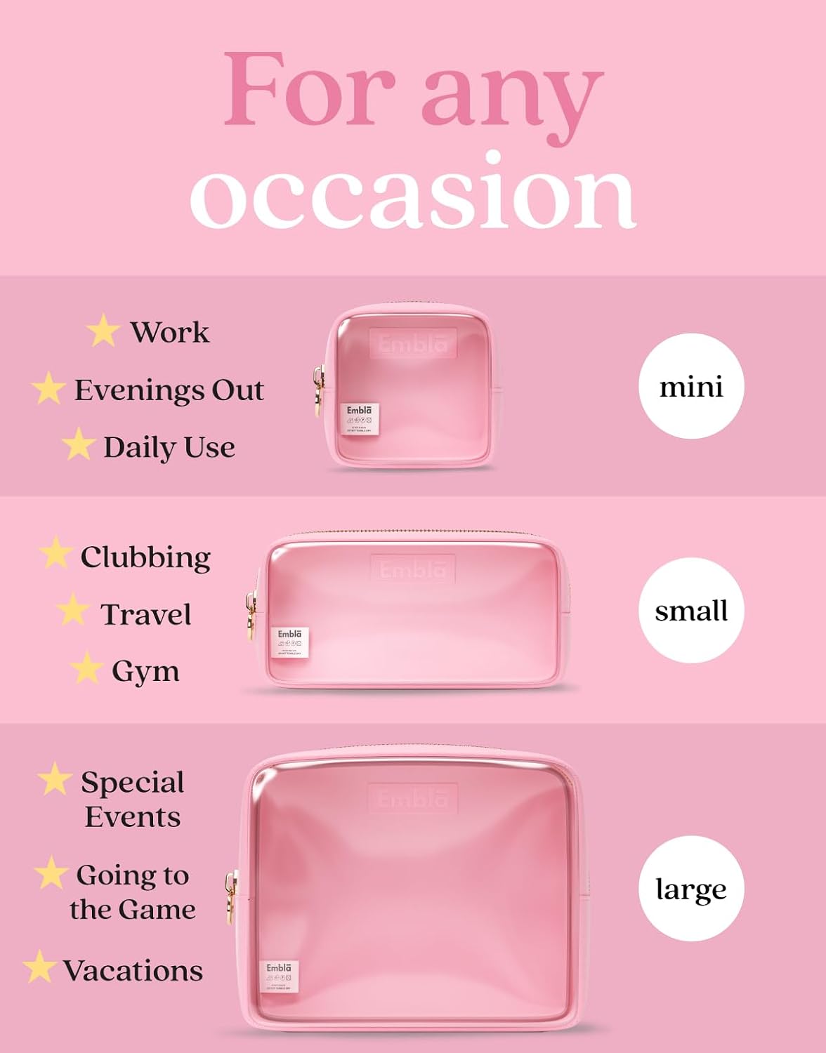 Embla 3 Piece Clear Makeup Bag Set for Toiletries Large Medium Small Skincare Organizer Zipper Pouches Travel Toiletry Bathroom Bags Women Girls Cute Make Up Cosmetic Nylon Pouch Light Pink