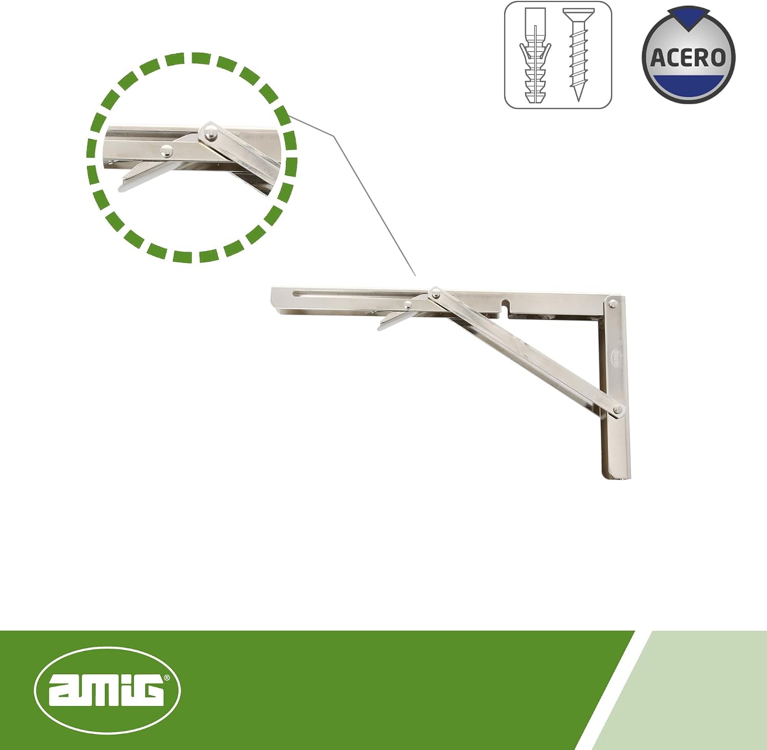 Amig - Folding bracket for wall shelves | Metal bracket for shelves | Angle for shelves | Support | Steel | Silver colour | Dimensions: 300 x 155 mm | Maximum recommended weight: 35 kg