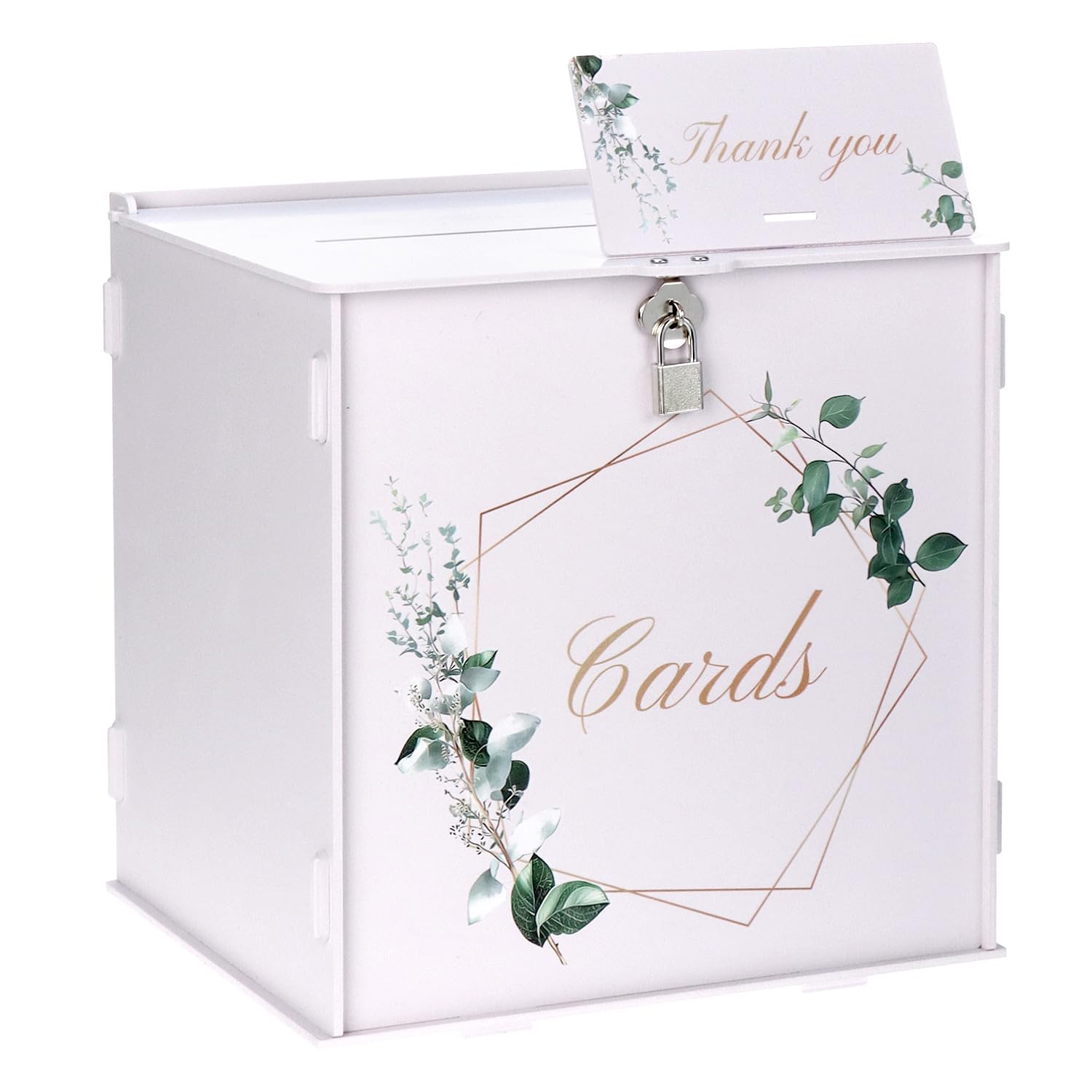 QWORK® 10.2" Elegant Wedding Card Box with Lock and Thank You Card - White PVC Gift Box for Wedding Receptions & Party Decor