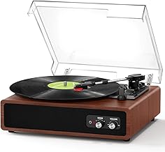 FYDEE Portable Bluetooth Vinyl Record Player with 2 Built-in Stereo Speakers, 3 Speeds (33/45/78 RPM), Bluetooth Transmission and Reception, Retro Player with RCA, AUX, Dark Brown