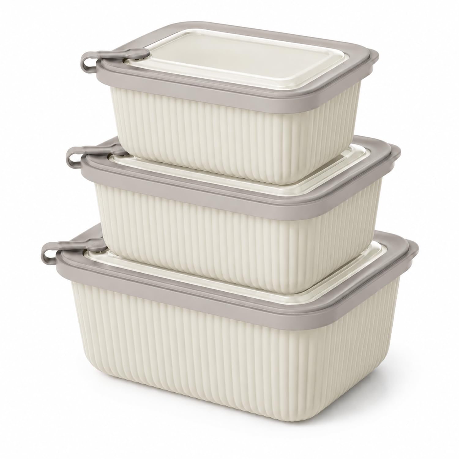 Kabakoz Vakumlu Silikon Kapaklı Plastik Saklama Kabı Seti, 3.5 Litre, Mikrodalga ve Derin Dondurucu İçin Sefer Tası, Gıda Depolama Kutusu, BPA İçermez (600/1100/1800 ml) (Bej, Dikdörtgen)