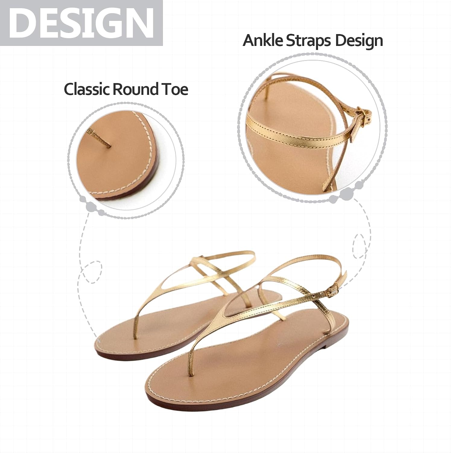 Womens Round Toe Gold Flat Strappy Flip-Flops Sandals Comfortable Low Heel Thong Gladiator Sandals With Ankle Buckle Strap For Summer Beach Casual